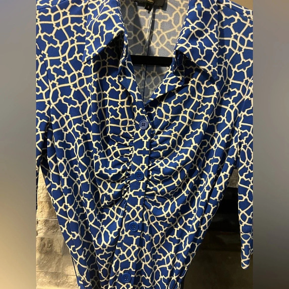 Laundry size 6 Blue Beige geometric pattern button down dress - Picture 3 of 9